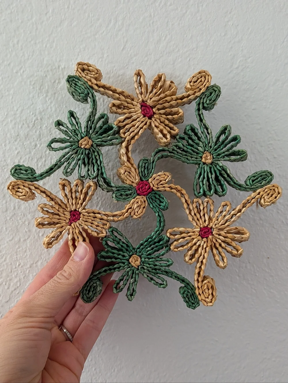 Vintage 70's Woven Straw Raffia Wicker Trivet Set of 2 Retro Boho Christmas